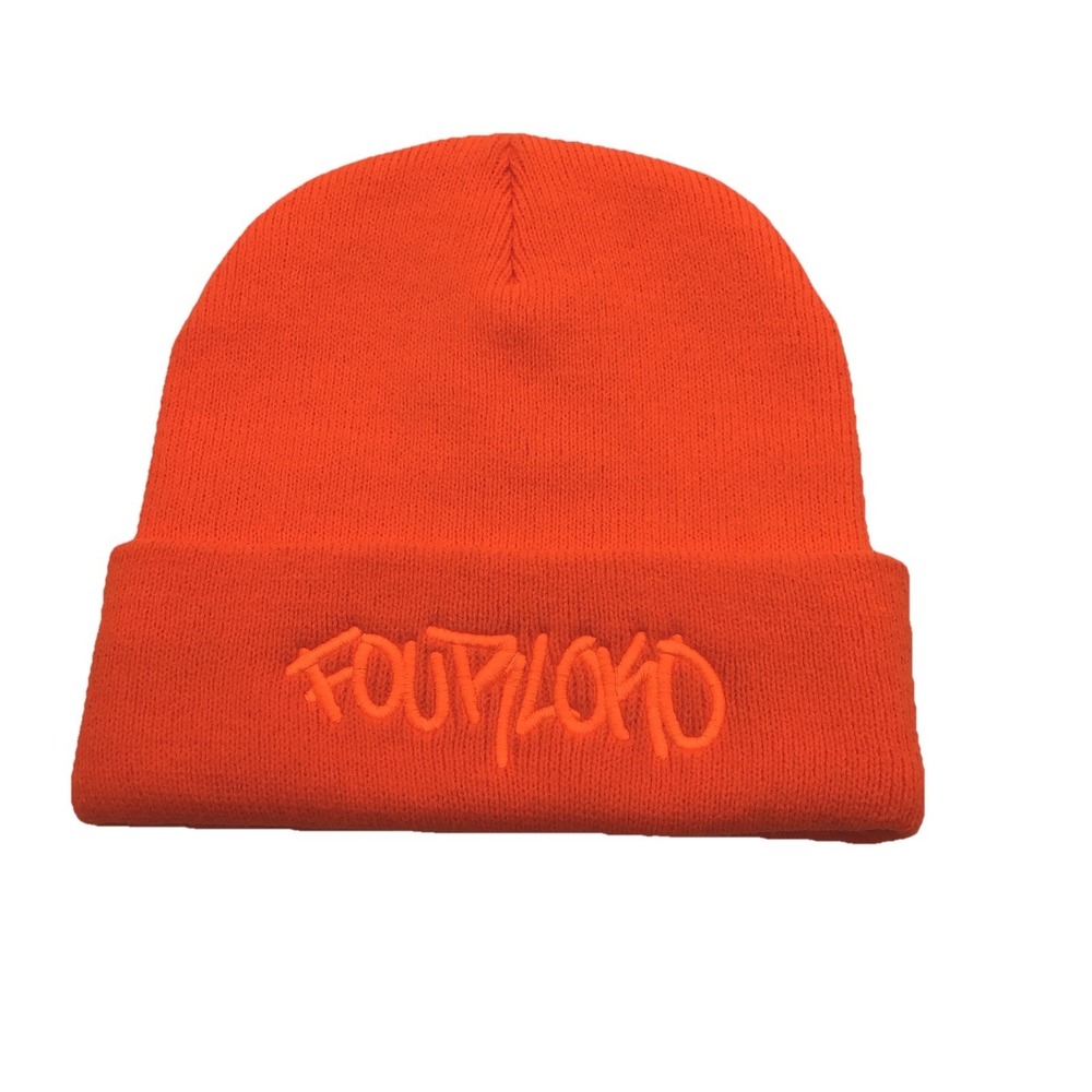 Four Loko Embroidered Hi Vis Orange Cuffed Knit Beanie Hat One Size Acrylic